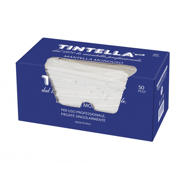 TBX50PS - TINTELLA box, cape teinture, cm 90x115, distributeur de 50 pièces pliées individuellement, disponibles en blanc, bleu, fuchsia, or et argent