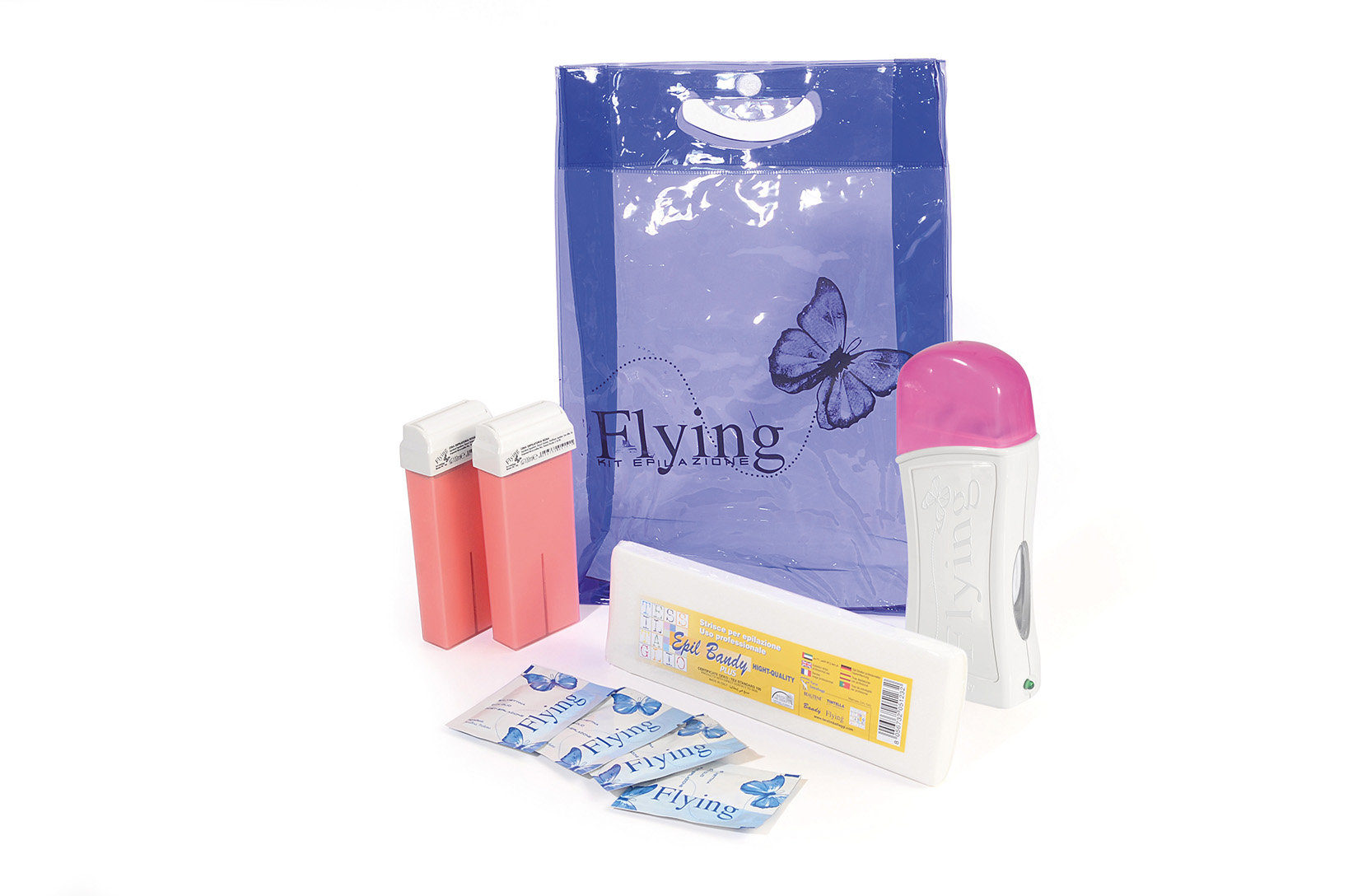 151176LUX - Kit epilazione FLYING LUX: 1 manipolo scaldacera, 2 cartucce, 1 box strisce epilazione, 4 salviettine imbevute con olio dopocera